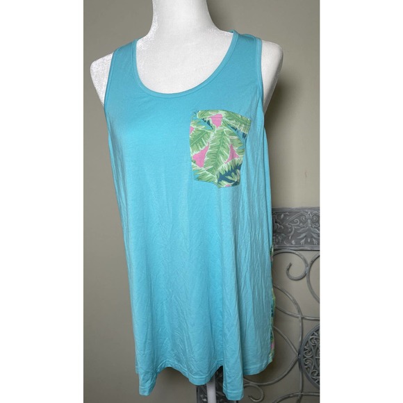 Marley Lilly NWT Woman’s Tropical Palm Tree Tank Blue Green Pink Large L/XL - Picture 1 of 7